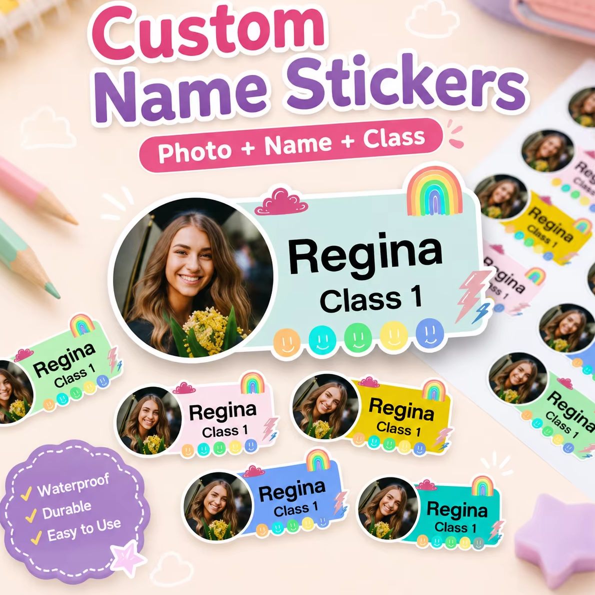 Custom Photo Book - สติกเกอร์ฉลากภาพถ่ายแบบปรับแต่งได้ สติกเกอร์ชื่อแบบกำหนดเอง เหมาะสำหรับขวดน้ำ เครื่องเขียน หนังสือ กันน้ำ