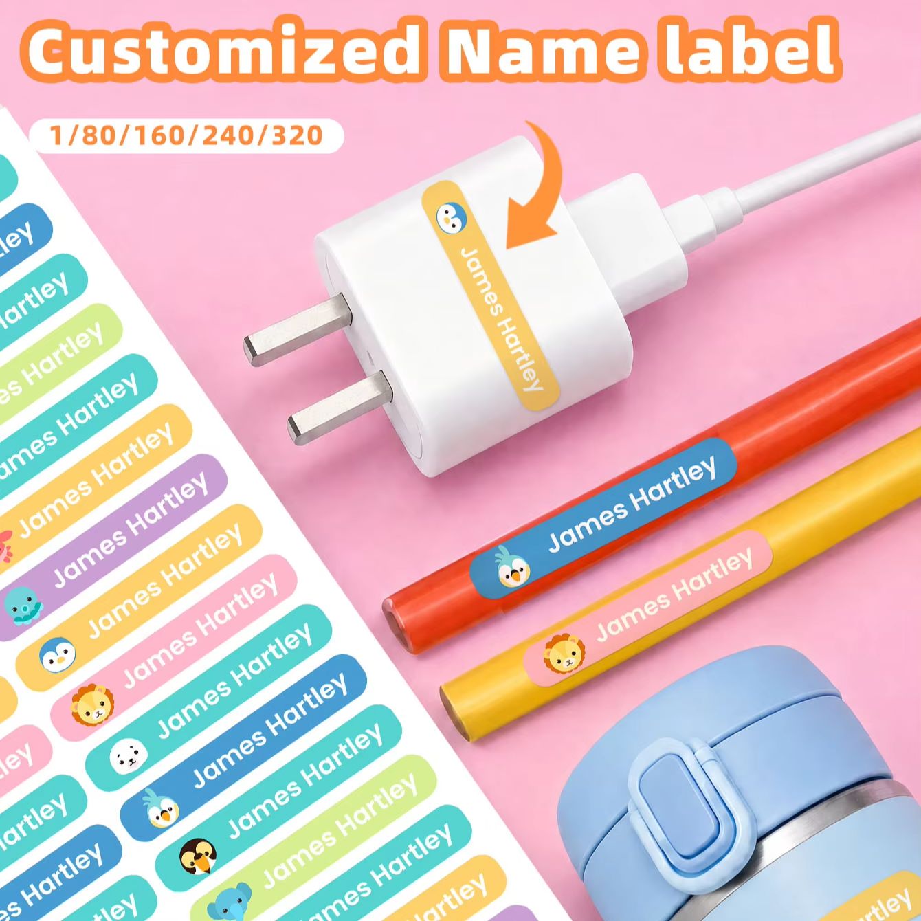 Personalized Name Box - สติกเกอร์ชื่อการ์ตูนแบบกำหนดเอง 1-320 ชิ้น, ฉลากกันน้ำสำหรับปกหนังสือ, เคสหูฟัง, กระเป๋าเครื่องสำอาง